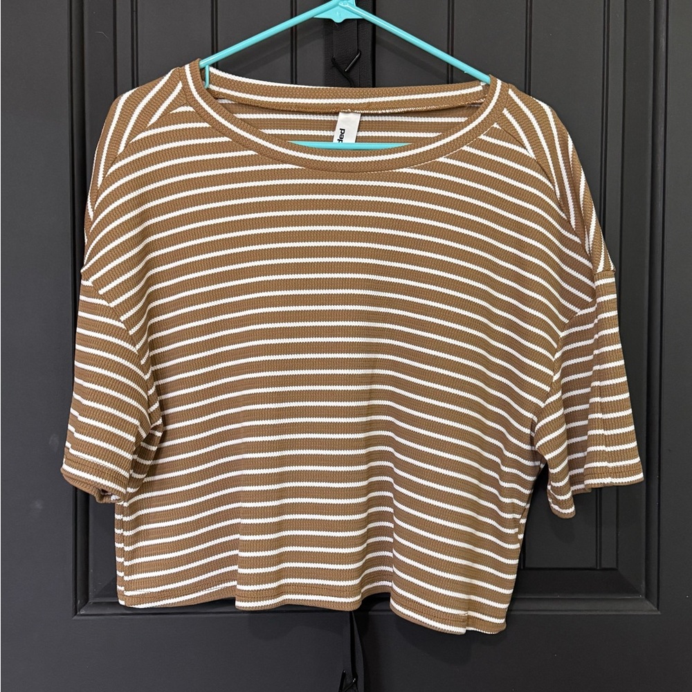 Missguided + Tan Boxy Crop 3/4 Sleeve Tee & Shorts Set Women’s XL Tan